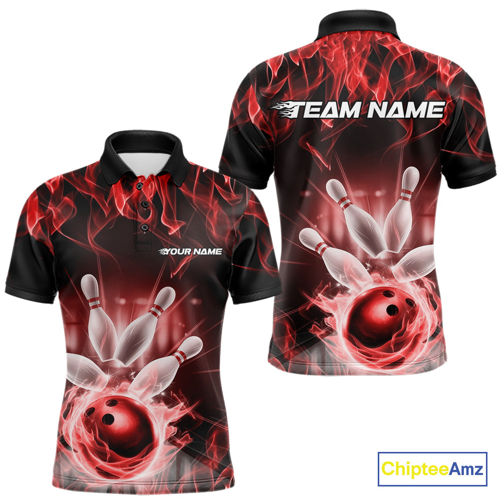 Custom Black And Red Flame Bowling Team Polo Shirts For Men, Fire Bowling League Shirt IPHW9388