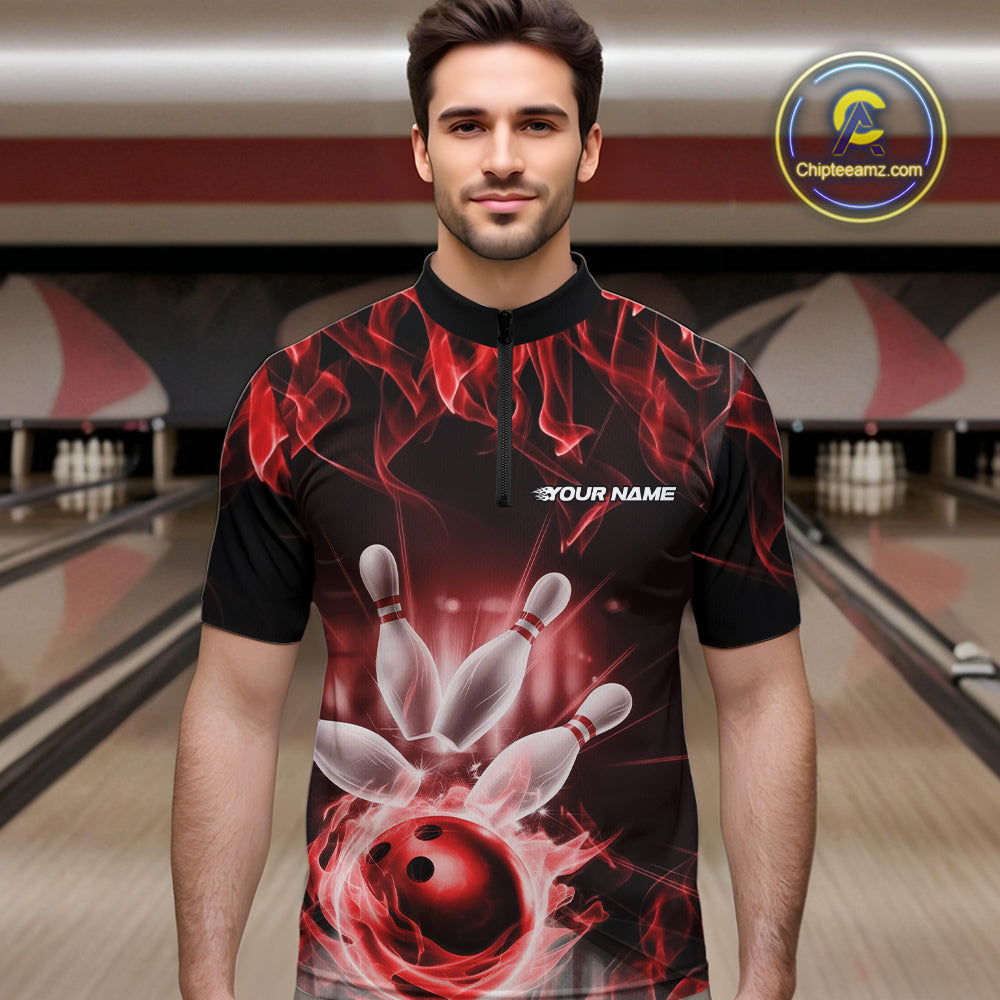 Custom Black And Red Flame Bowling Team Quarter-Zip Shirts For Men, Fire Bowling League Shirt IPHW9388