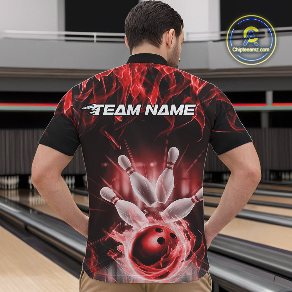 Custom Black And Red Flame Bowling Team Quarter-Zip Shirts For Men, Fire Bowling League Shirt IPHW9388