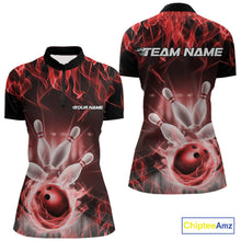 Load image into Gallery viewer, Custom Black And Red Flame Bowling Women Quarter-Zip Shirts, Fire Bowling League Shirt IPHW9388