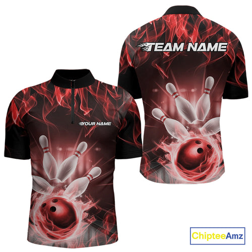 Custom Black And Red Flame Bowling Team Quarter-Zip Shirts For Men, Fire Bowling League Shirt IPHW9388