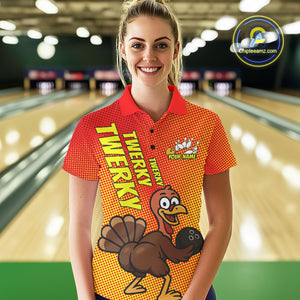 Custom Funny Twerky Turkey Bowling Polo Shirts For Women, Thanksgiving Bowling Shirt IPHW9764