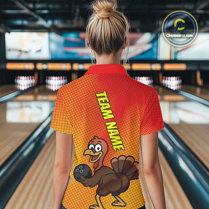 Custom Funny Twerky Turkey Bowling Polo Shirts For Women, Thanksgiving Bowling Shirt IPHW9764