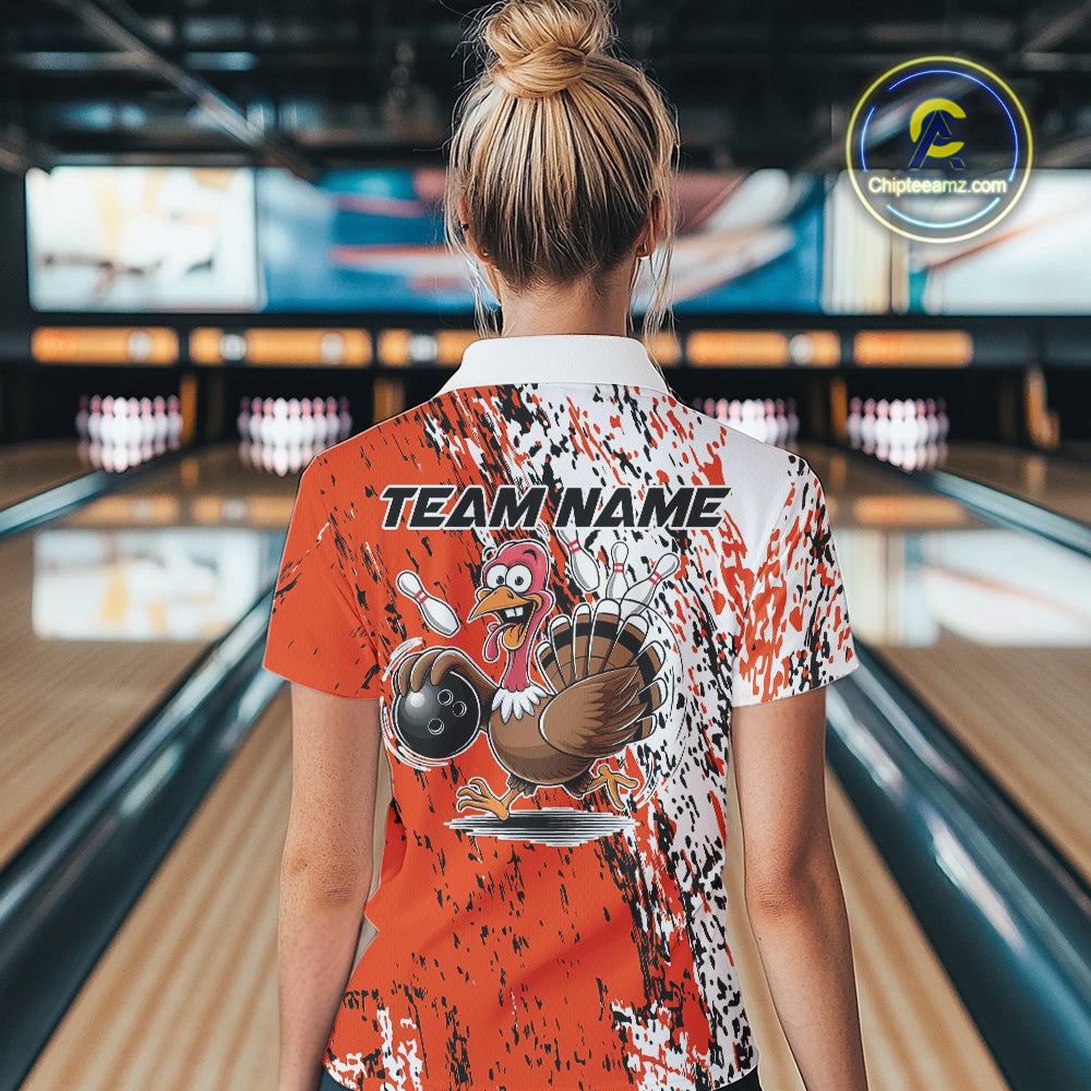 Custom Funny Orange Thanksgiving Turkey Bowling Women Quarter-Zip Shirts, Bowling Jersey IPHW9765