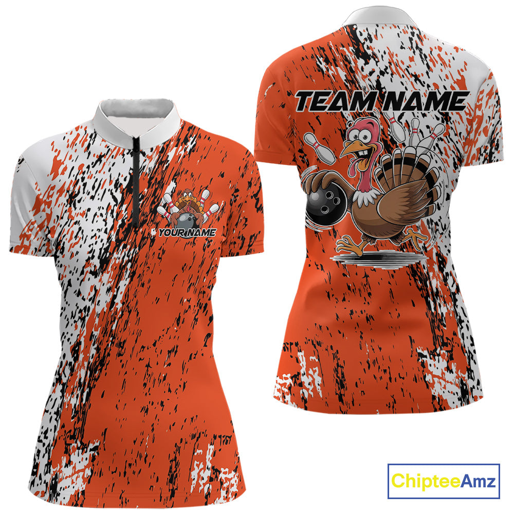 Custom Funny Orange Thanksgiving Turkey Bowling Women Quarter-Zip Shirts, Bowling Jersey IPHW9765