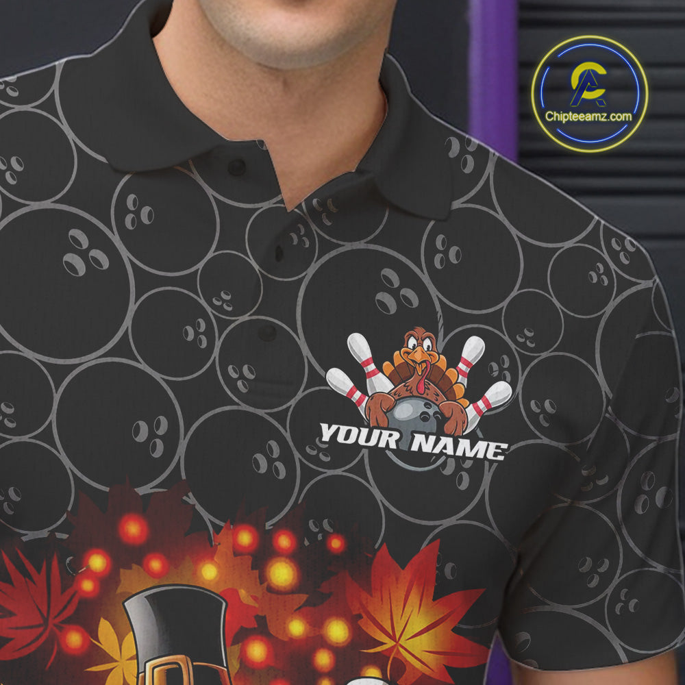 Custom Funny Thanksgiving Turkey Bowling Men Polo Shirts, Autumn Bowling Shirt IPHW9771