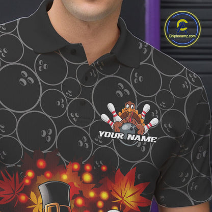 Custom Funny Thanksgiving Turkey Bowling Men Polo Shirts, Autumn Bowling Shirt IPHW9771