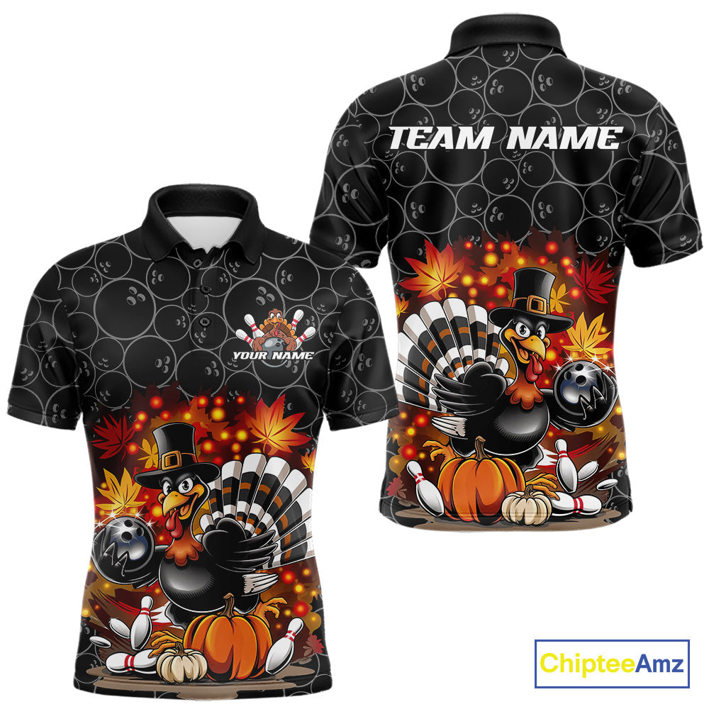 Custom Funny Thanksgiving Turkey Bowling Men Polo Shirts, Autumn Bowling Shirt IPHW9771