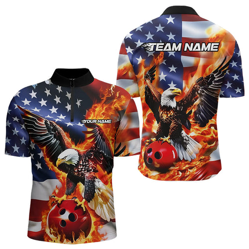 Custom USA Eagle Bowling Quarter-Zip Shirts For Men, Patriotic Bowling League Shirt IPHW8451