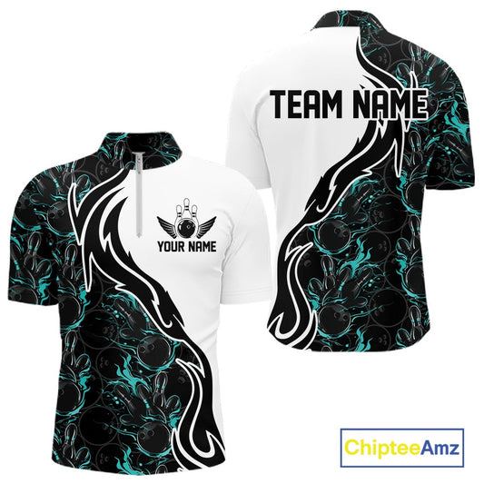 Custom Black And Turquoise Blue Flame Bowling Team Shirts, Men Bowling League Shirt IPHW10544