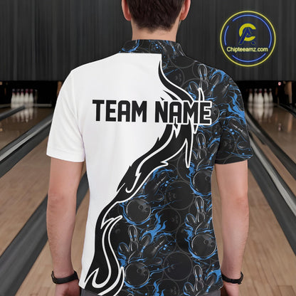Custom Black And Blue Flame Bowling Team Shirts, Bowling League Shirt Men Bowling Jersey IPHW10545
