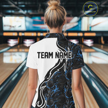Load image into Gallery viewer, Custom Black And Blue Flame Bowling Team Shirts, Bowling League Shirt Women Jersey IPHW10545