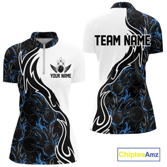 Custom Black And Blue Flame Bowling Team Shirts, Bowling League Shirt Women Jersey IPHW10545