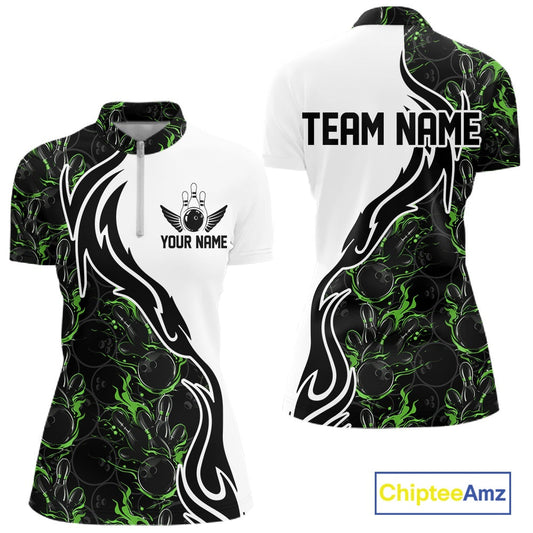 Custom Black And Green Flame Bowling Team Shirts, Bowling League Shirt Women Jersey IPHW10547