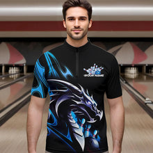 Load image into Gallery viewer, Custom Black And Blue Flame Dragon Bowling Quarter-Zip Shirts For Men, Dragon Bowling League Shirt IPHW8702
