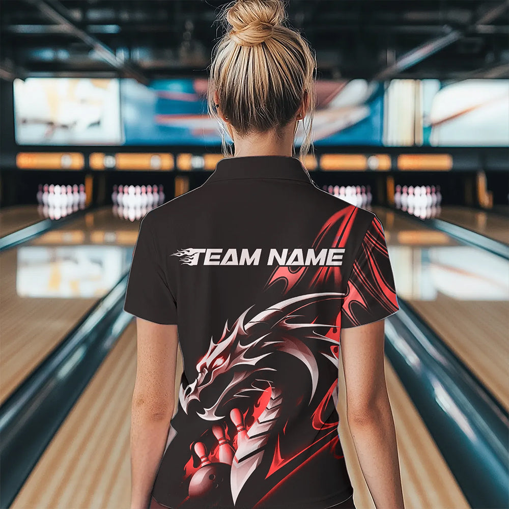 Custom Black And Red Flame Dragon Bowling Polo Shirt For Women, Dragon Bowling League Shirt IPHW8703