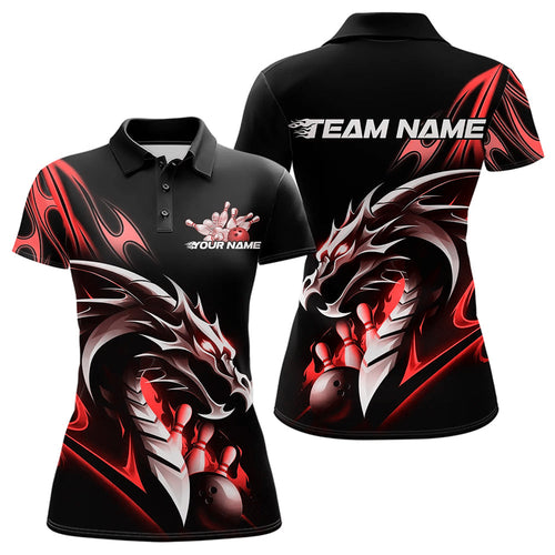 Custom Black And Red Flame Dragon Bowling Polo Shirt For Women, Dragon Bowling League Shirt IPHW8703