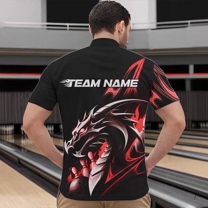 Custom Black And Red Flame Dragon Bowling Quarter-Zip Shirts For Men, Dragon Bowling League Shirt IPHW8703