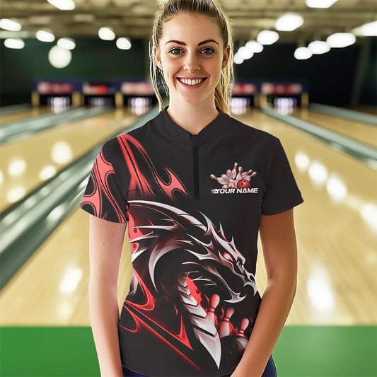 Custom Black And Red Flame Dragon Bowling Women Quarter-Zip Shirts , Bowling League Shirt IPHW8703