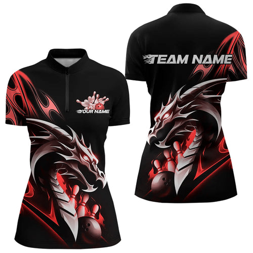 Custom Black And Red Flame Dragon Bowling Women Quarter-Zip Shirts , Bowling League Shirt IPHW8703