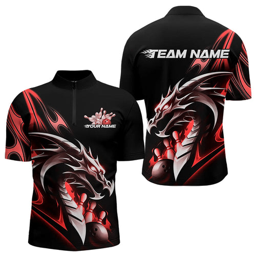 Custom Black And Red Flame Dragon Bowling Quarter-Zip Shirts For Men, Dragon Bowling League Shirt IPHW8703