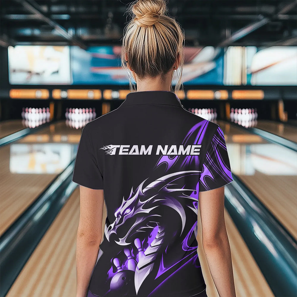 Custom Black And Purple Flame Dragon Bowling Womens Polo Shirt, Dragon Bowling League Shirt IPHW8704