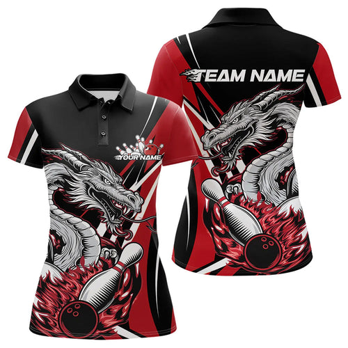 Custom Black And Red Flame Dragon Bowling Jerseys, Dragon Women Bowling Team Polo Shirts IPHW8710