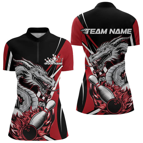 Custom Black And Red Flame Dragon Bowling Jerseys, Women Bowling Team Quarter-Zip Shirts IPHW8710