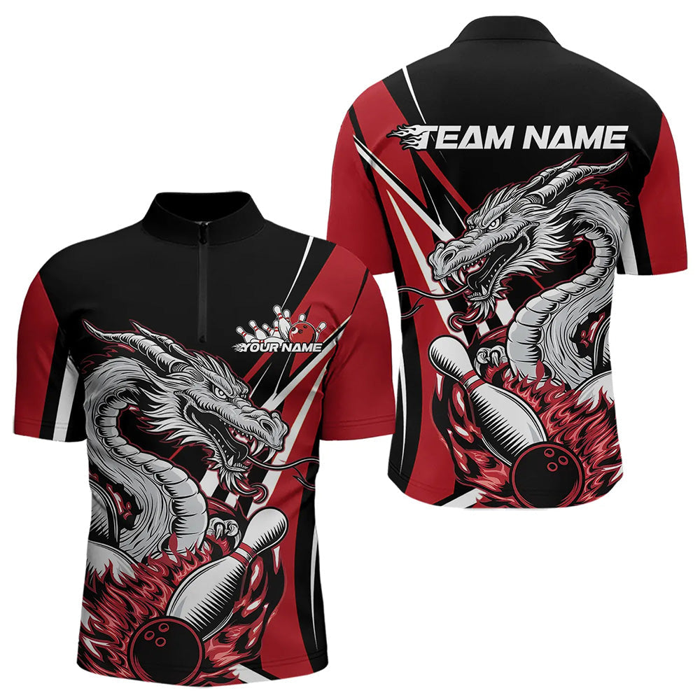 Custom Black And Red Flame Dragon Bowling Jerseys, Dragon Men Bowling Team Quarter-Zip Shirts IPHW8710