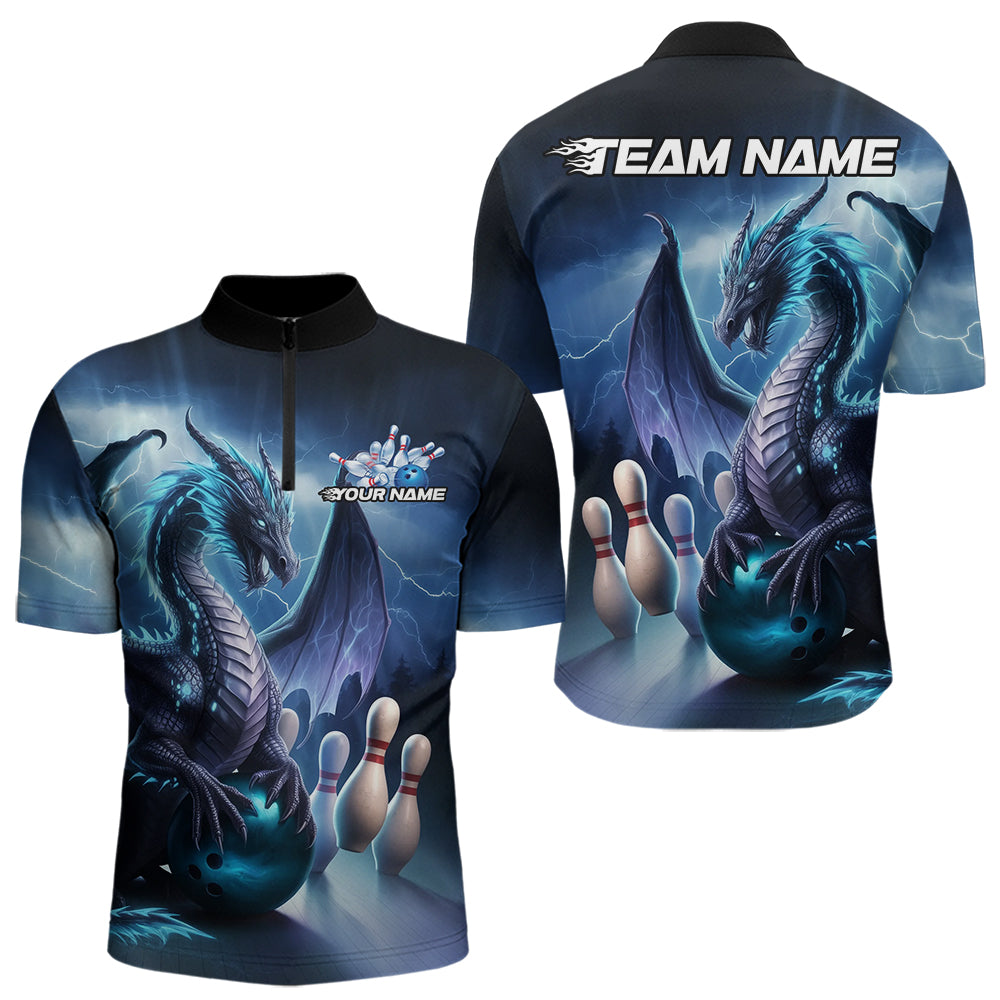 Custom Blue Thunder Lightning Dragon Bowling Quarter-Zip Shirts For Men, Bowling Team Uniform IPHW8950