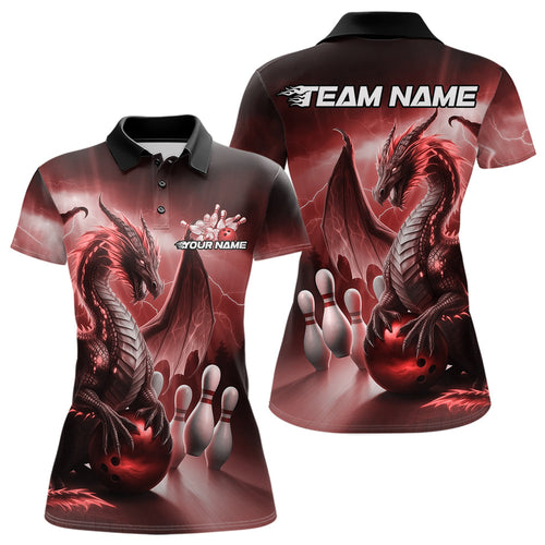 Custom Red Thunder Lightning Dragon Bowling Polo Shirts For Women, Bowling Team Uniform IPHW8952