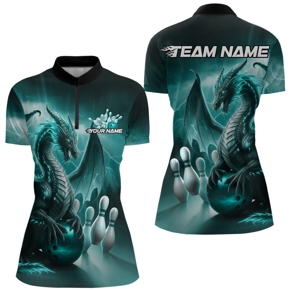 Custom Turquoise Blue Lightning Dragon Bowling Women Quarter-Zip Shirt, Team Uniform IPHW8953