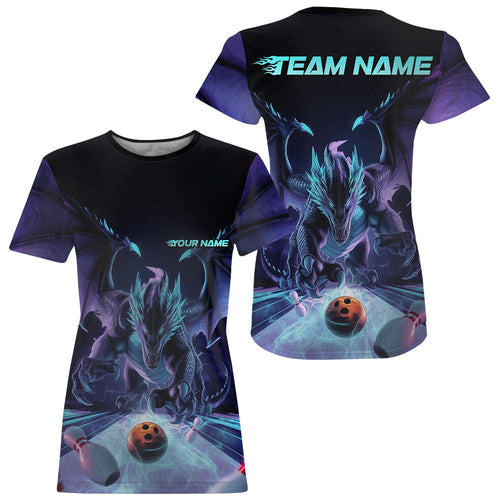 Custom Blue And Purple Dragon Bowling Jerseys, Dragon Bowling Team T-Shirts For Women IPHW8954