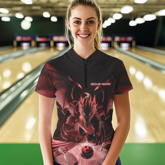 Custom Black And Red Dragon Bowling Jerseys, Dragon Bowling Team Women Quarter-Zip Shirts IPHW8955