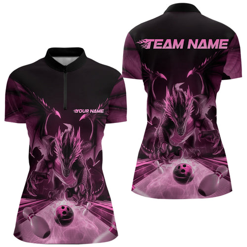 Custom Black And Pink Dragon Bowling Jerseys, Dragon Bowling Team Women Quarter-Zip Shirts IPHW8956