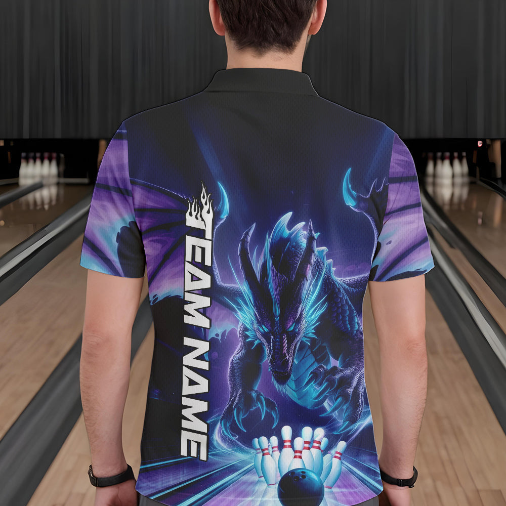 Custom Blue And Purple Dragon Bowling Polo Shirts For Men, Dragon Bowling League Shirt IPHW8958