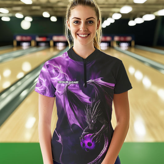 Custom Black And Purple Flame Dragon Bowling Women Quarter-Zip Shirt, Bowling Jerseys IPHW8963