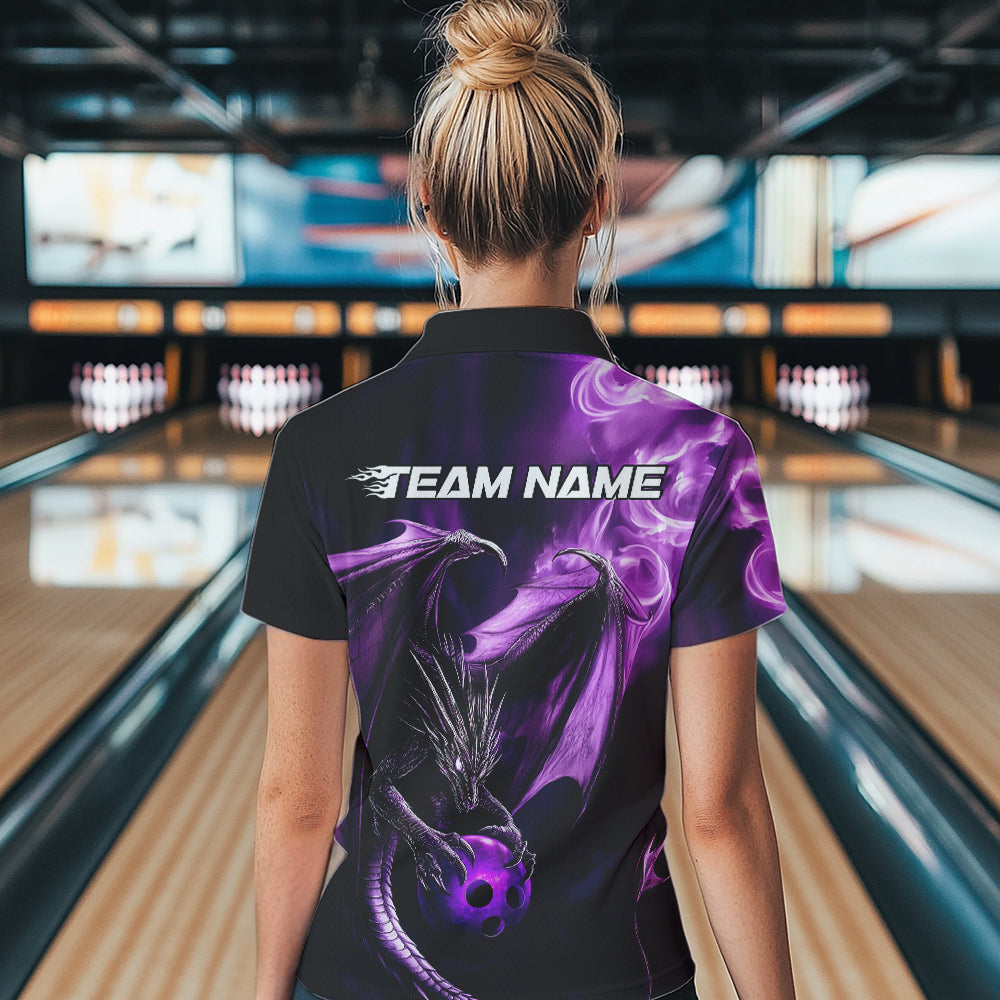 Custom Black And Purple Flame Dragon Bowling Women Quarter-Zip Shirt, Bowling Jerseys IPHW8963