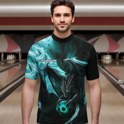 Custom Black And Blue Flame Dragon Bowling Quarter-Zip Shirts For Men, Dragon Bowling Jerseys IPHW8964