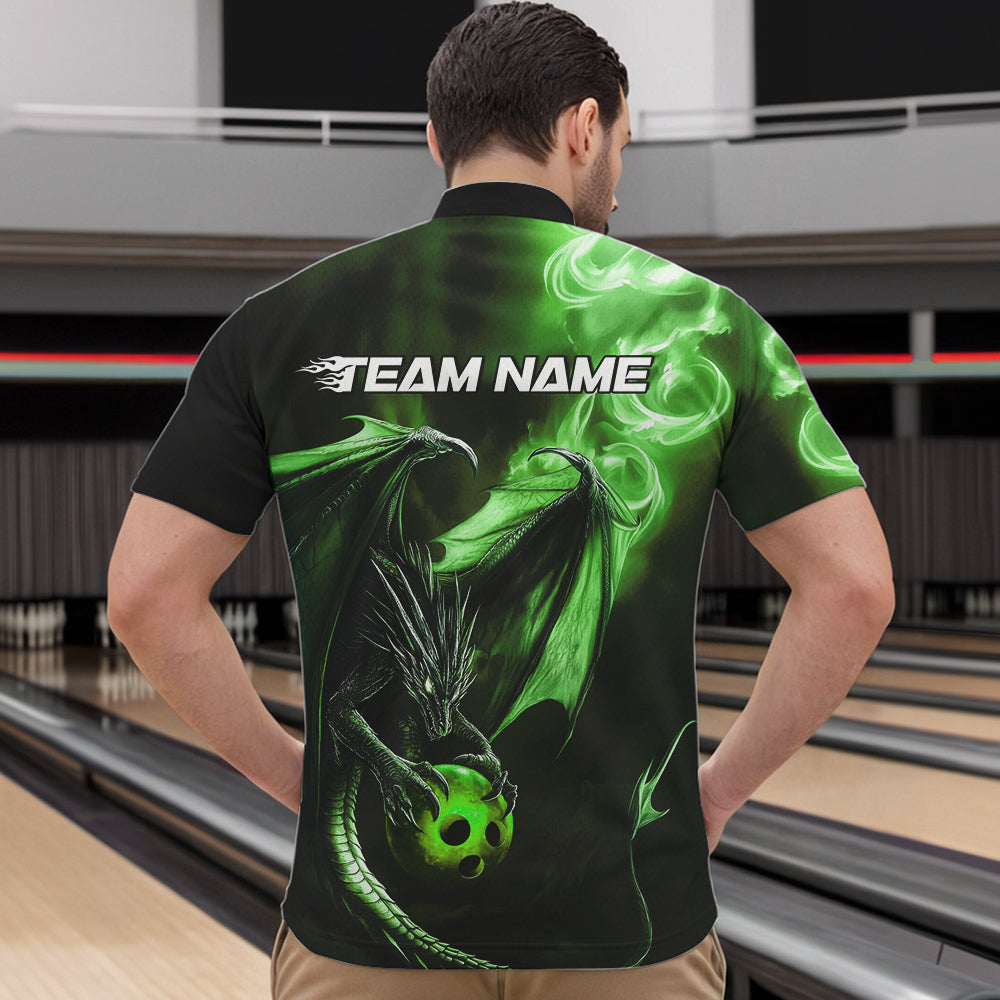 Custom Black And Green Flame Dragon Bowling Quarter-Zip Shirts For Men, Dragon Bowling Jerseys IPHW8965
