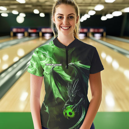 Custom Black And Green Flame Dragon Bowling Women Quarter-Zip Shirt, Dragon Bowler Jersey IPHW8965