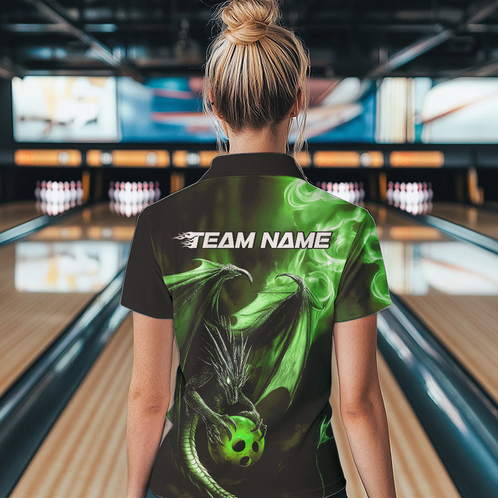 Custom Black And Green Flame Dragon Bowling Women Quarter-Zip Shirt, Dragon Bowler Jersey IPHW8965