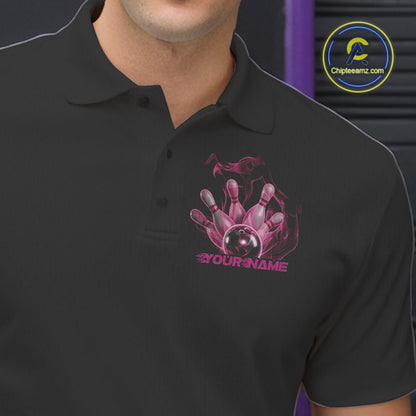Custom Pink Skull Smoke Bowling Team Men Polo Shirts, Halloween Bowling Outfit IPHW9772