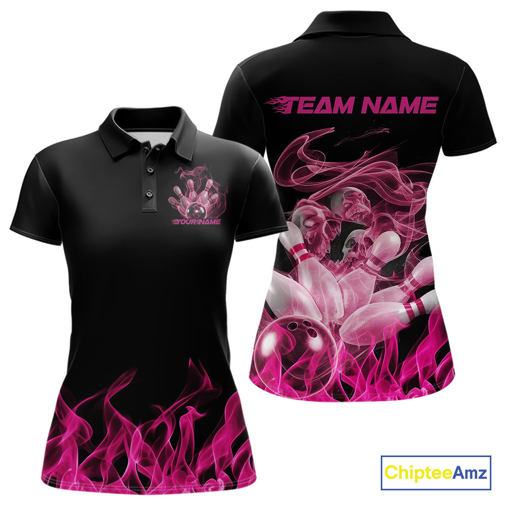 Custom Pink Skull Smoke Bowling Team Women Polo Shirts, Halloween Bowling Outfit IPHW9772