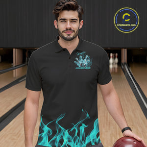 Custom Turquoise Blue Skull Smoke Bowling Team Men Polo Shirts, Halloween Bowling Outfit IPHW9774
