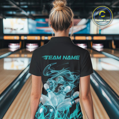 Custom Turquoise Blue Skull Smoke Bowling Team Women Polo Shirt, Halloween Bowling Outfit IPHW9774