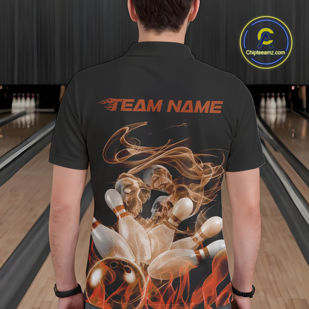 Custom Orange Skull Smoke Bowling Team Men Polo Shirts, Halloween Bowling Outfit IPHW9775