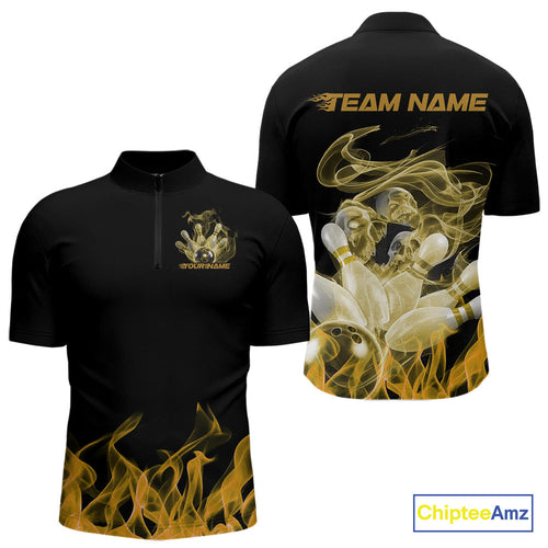 Custom Yellow Skull Smoke Bowling Team Men Quarter-Zip Shirts, Halloween Bowling Outfit IPHW9776