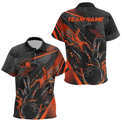 Custom Black And Orange Flame Bowling Team Kid Polo Shirts, Fire Bowling Jerseys IPHW9780