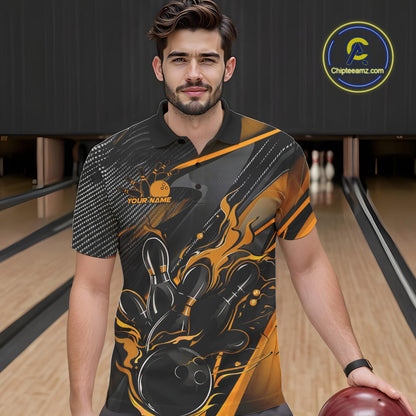 Custom Black And Yellow Flame Bowling Team Men Polo Shirts, Fire Bowling Jerseys IPHW9781